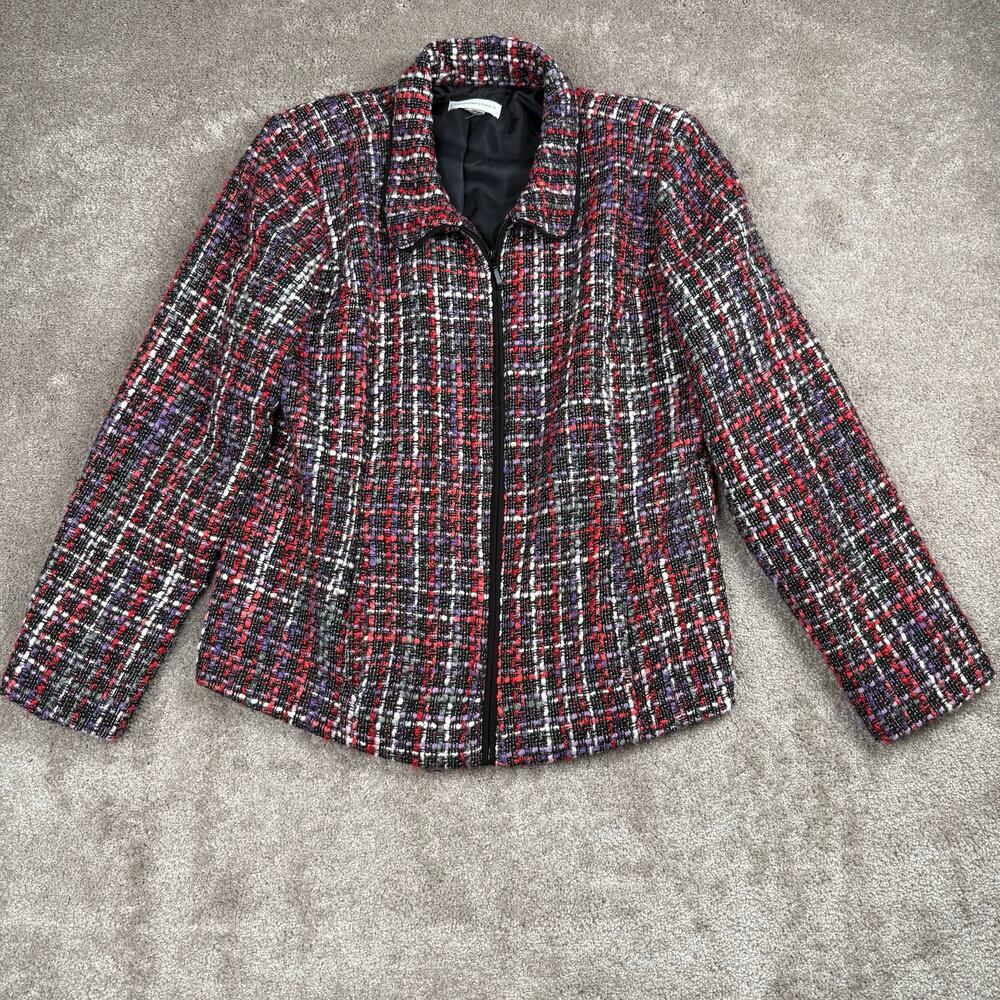 Christopher Banks Blazer Jacket Size L Red Black Purple Tweed Zip-Up Career